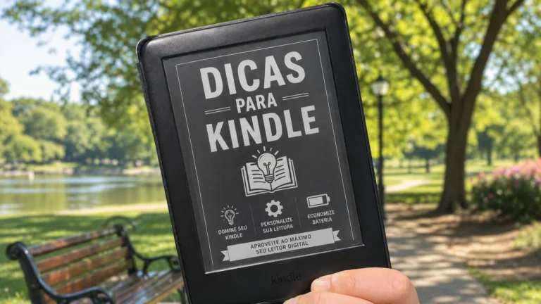 Mão segurando um Kindle em um parque ensolarado, com a tela exibindo o texto "Dicas para Kindle".