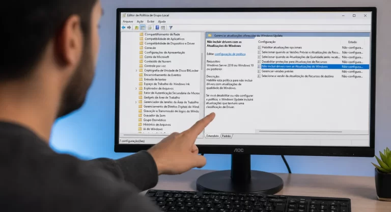Homem apontando para a tela de um monitor de computador que exibe o Editor de Política de Grupo Local do Windows para configurar a exclusão de drivers.