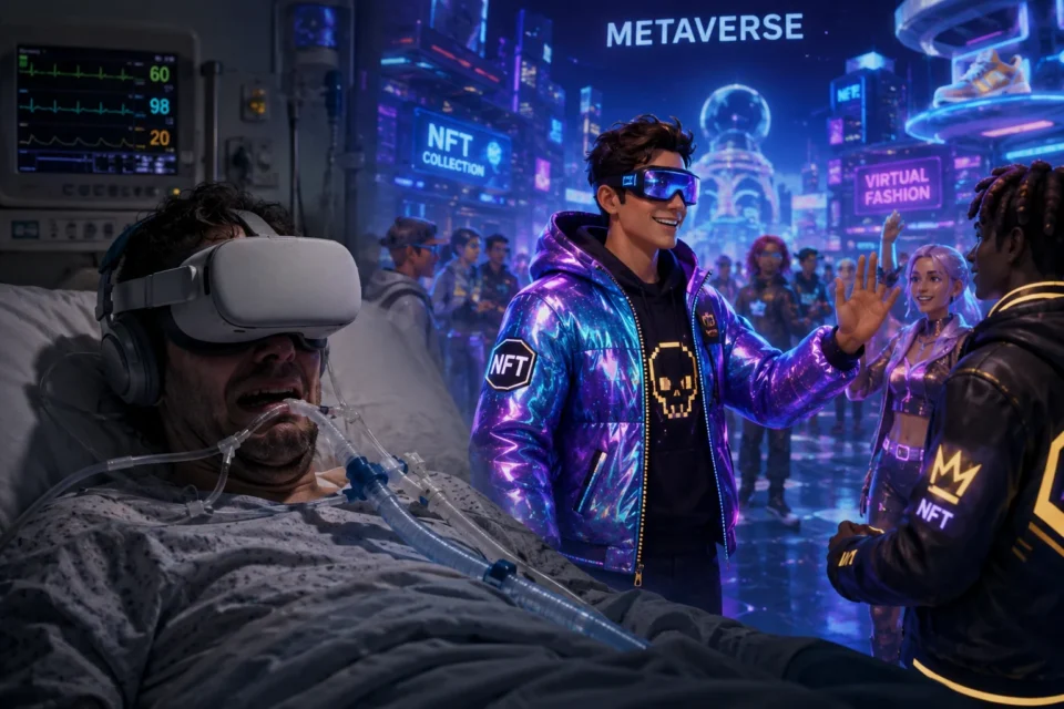 Uma imagem conceitual que divide a tela. À esquerda, uma pessoa real e entubada em uma cama de hospital, usando óculos de realidade virtual com expressão de amargura. À direita, seu avatar feliz, com roupas NFT futuristas, socializando alegremente com outros avatares em um mundo digital neon.