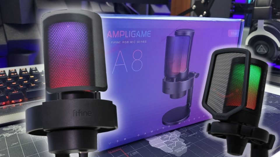 Comparativo entre os microfones FIFINE AmpliGame A8 e A6V, mostrando as diferenças de design e iluminação RGB.
