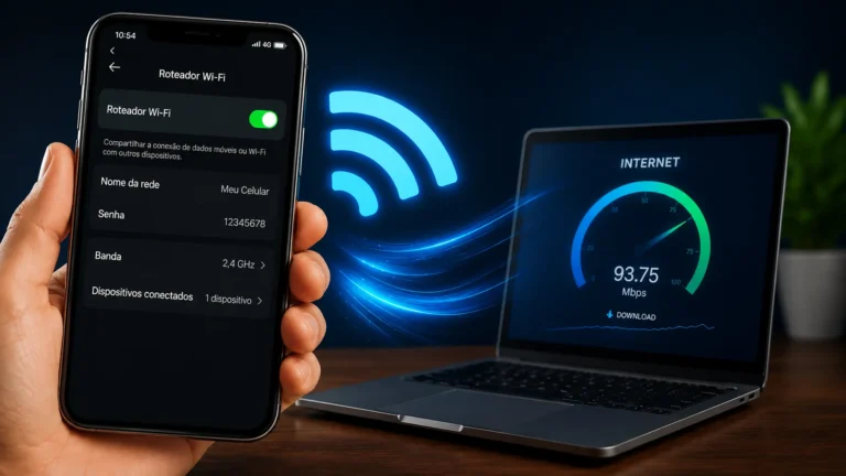 Mão segurando um smartphone com a função de ponto de acesso ativada, transmitindo sinal de Wi-Fi para um notebook próximo que exibe um velocímetro de internet.