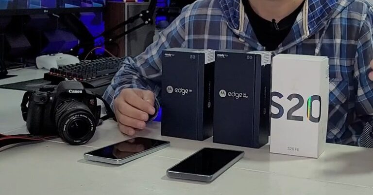 Comparativo de câmeras entre os smartphones Samsung Galaxy S20 FE, Motorola Edge 30 Pro, Edge 30 e a câmera profissional DSLR Canon T5i em um setup de estúdio.