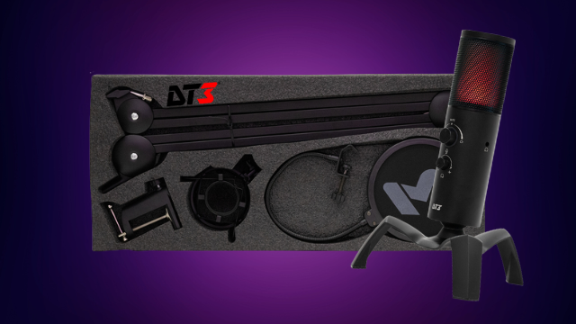 Visão geral dos componentes do Kit de Acessórios DT3 Boss, incluindo braço articulado, shock mount, pop filter e microfone sobre um fundo roxo degradê.
