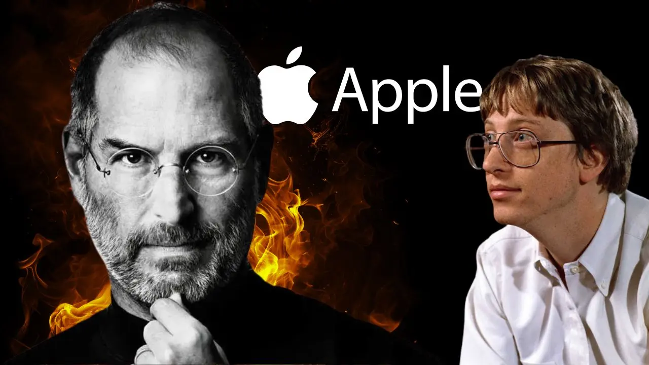 Montagem mostrando Steve Jobs à esquerda e Bill Gates à direita, com a logo da Apple no centro e um fundo de chamas, ilustrando a crise financeira da Apple em 1997.