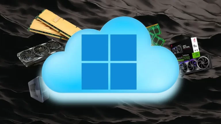 Uma nuvem azul estilizada com o logotipo do Windows 11 no centro, brilhando intensamente. Ao redor da nuvem, pairam diversos componentes de hardware de PC de alto desempenho desfocados, incluindo pentes de memória RAM dourados, placas de vídeo modernas (como uma RTX 5090) e placas de circuito, tudo sobre um fundo de tecido preto ondulado e escuro.