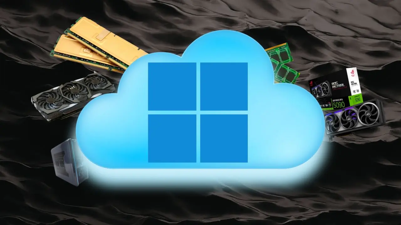 Uma nuvem azul estilizada com o logotipo do Windows 11 no centro, brilhando intensamente. Ao redor da nuvem, pairam diversos componentes de hardware de PC de alto desempenho desfocados, incluindo pentes de memória RAM dourados, placas de vídeo modernas (como uma RTX 5090) e placas de circuito, tudo sobre um fundo de tecido preto ondulado e escuro.