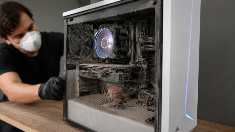 Técnico de máscara de proteção fazendo a limpeza interna de poeira acumulada em um gabinete de computador com coolers e placas expostas.