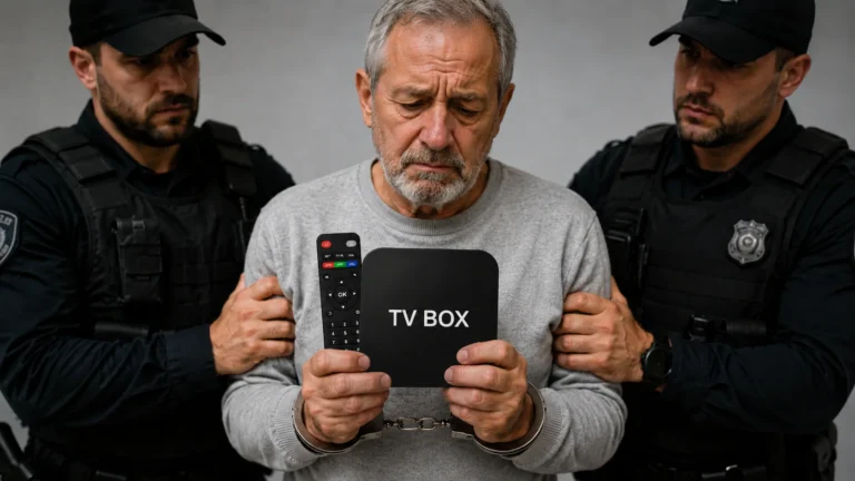 Homem idoso segurando um aparelho de TV Box pirata com as mãos algemadas, ladeado por dois policiais armados de costas em um cenário de prisão ou apreensão.