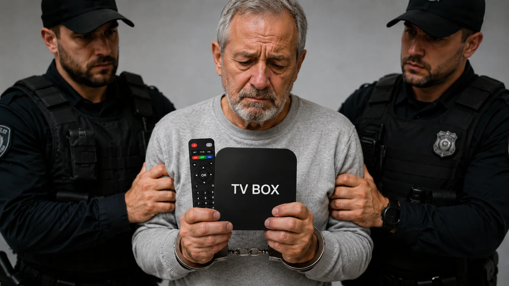 Homem idoso segurando um aparelho de TV Box pirata com as mãos algemadas, ladeado por dois policiais armados de costas em um cenário de prisão ou apreensão.