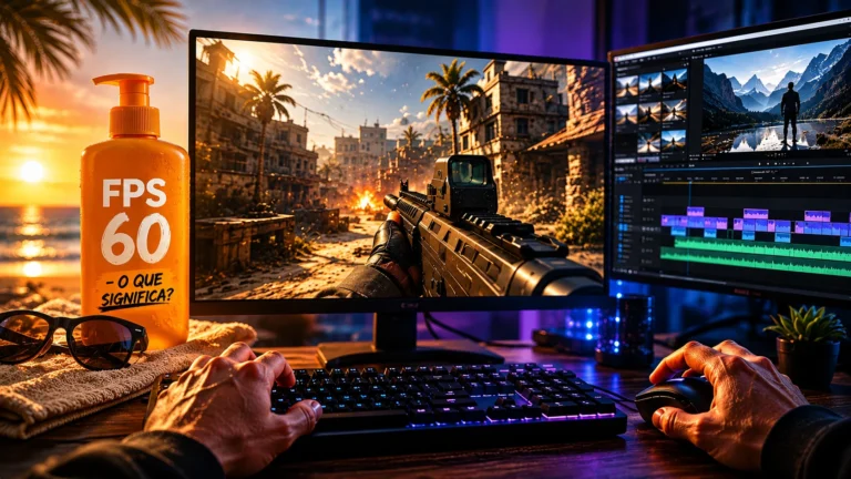 Monitor de computador exibindo um jogo de tiro e uma linha de edição de vídeo, com um frasco de protetor solar ao lado sob a luz do pôr do sol, ilustrando os diferentes significados da sigla FPS.