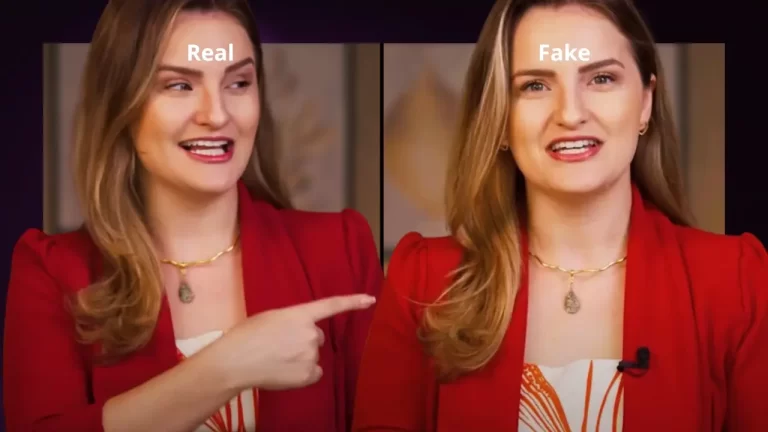 Comparação lado a lado entre a jornalista Francielle Mianes e seu clone digital criado por inteligência artificial. Ambas vestem blazer vermelho e estão em um cenário de estúdio. No topo da imagem, as etiquetas "Real" e "Fake" identificam a pessoa humana e o avatar de IA.