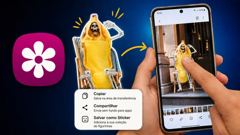 Miniatura com fundo azul escuro estilizado, exibindo a foto de um smartphone Samsung Galaxy espelhando a criação de uma figurinha de abóbora de Halloween, acompanhado pelo texto em letras garrafais chamativas "RECURSOS ÚTEIS GALERIA DA SAMSUNG".