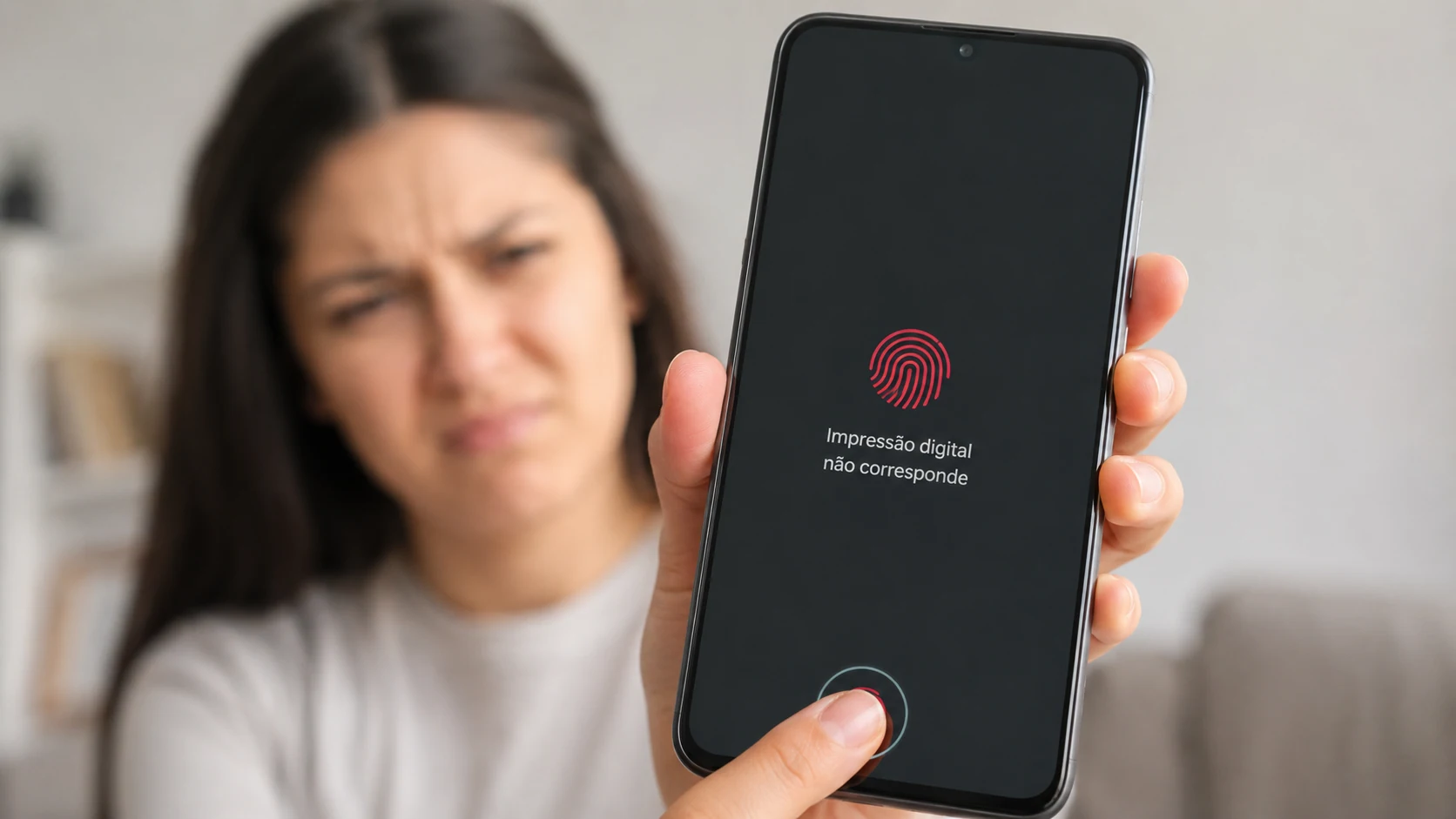 Mulher com expressão de frustração e dúvida segurando um smartphone que exibe uma mensagem de erro vermelha indicando que a impressão digital não corresponde.