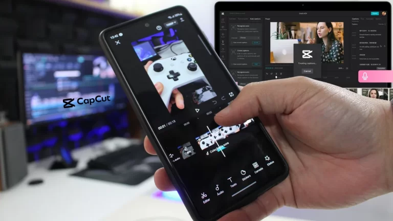 Alexandre, do canal TecnoUp, segurando um smartphone com o app CapCut aberto, posicionado à frente de um monitor de computador que também exibe a interface de edição do CapCut para PC.