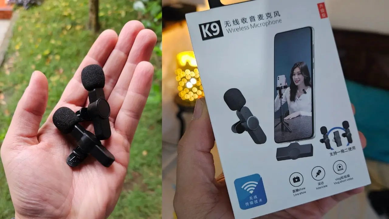 Montagem mostrando na esquerda os dois microfones de lapela K9 na palma da mão e na direita a caixa do produto com o receptor.