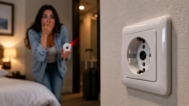 Mulher em quarto de hotel observando uma câmera escondida disfarçada em tomada elétrica na parede