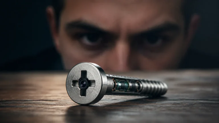 Close em um parafuso de metal deitado sobre uma superfície de madeira escura com um homem olhando fixamente e de forma suspeita ao fundo desfocado.