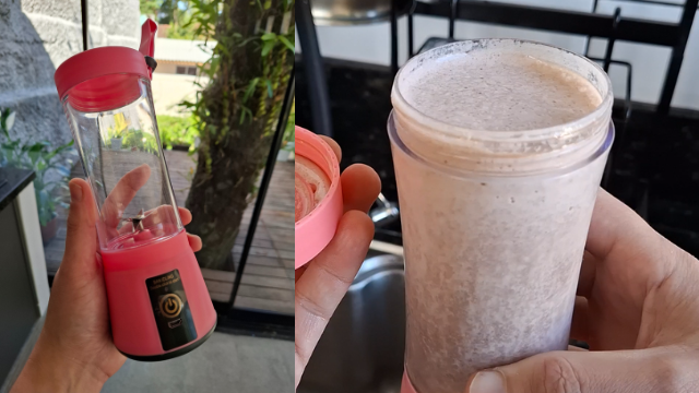 Mão segurando um mini liquidificador portátil rosa e, ao lado, o copo com um shake pronto sendo preparado na pia.