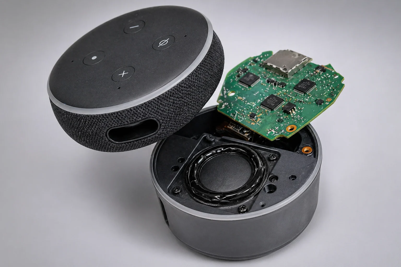 Componentes internos de uma Amazon Echo Dot desmontada, exibindo a placa de circuito, o alto-falante e a carcaça aberta.