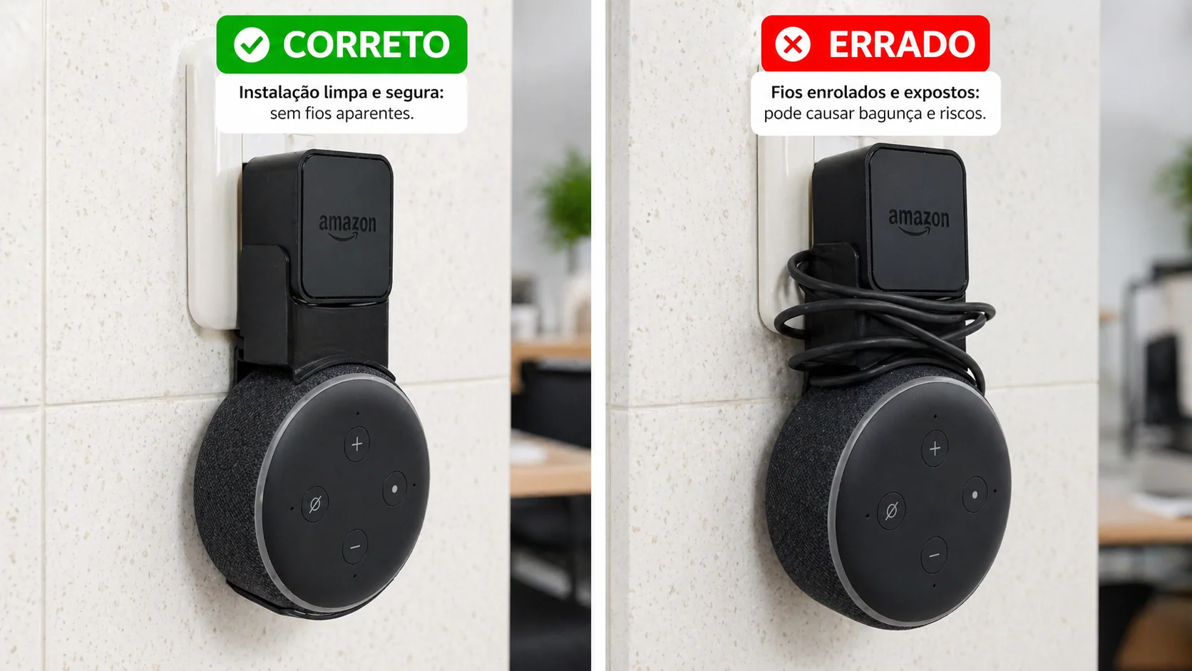 Comparativo mostrando a forma correta e a forma errada de instalar o suporte de tomada para Alexa Echo Dot 3, destacando como esconder o fio.