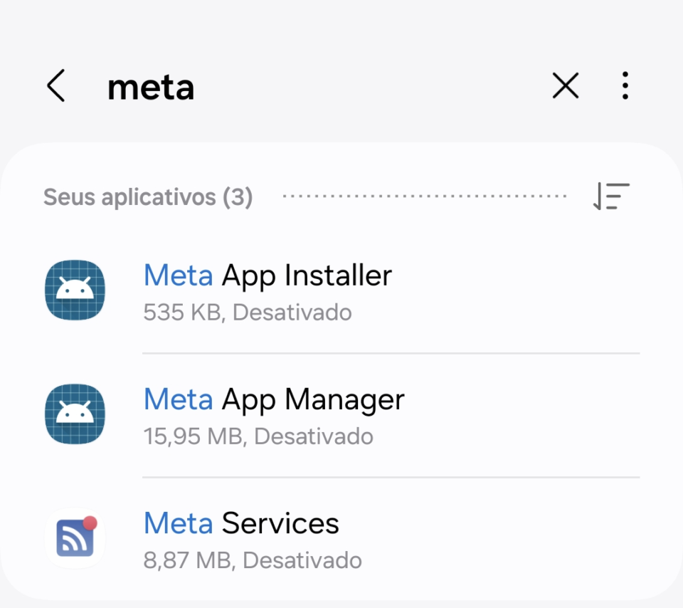 Screenshot da lista de aplicativos do sistema mostrando os processos Meta App Installer, Meta App Manager e Meta Services.