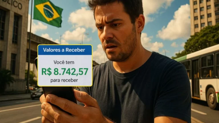Homem com expressão de surpresa consultando o saldo de dinheiro esquecido em um celular, com o edifício do Banco Central do Brasil e uma bandeira do Brasil ao fundo.