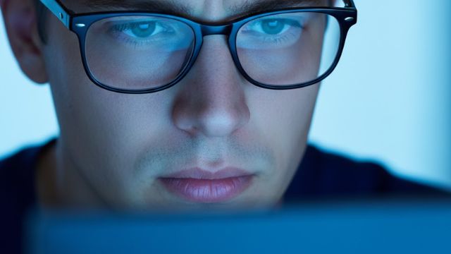 Close do rosto de um homem usando óculos, com o reflexo azul da tela do computador nas lentes, demonstrando esforço visual e concentração em ambiente com pouca luz.
