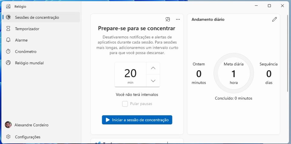 Captura de tela do aplicativo Relógio do Windows 11, mostrando a aba'Sessões de Concentração' configurada para 20 minutos.