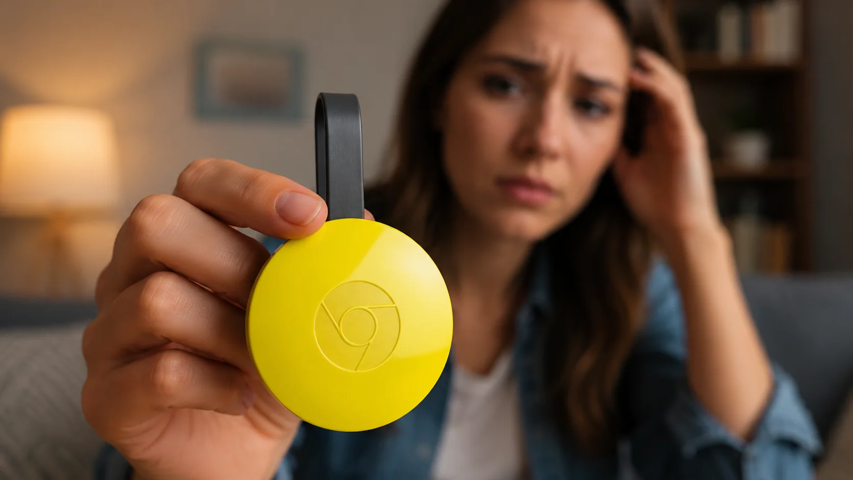 Mulher com expressão preocupada segurando um Google Chromecast de 2ª geração amarelo na mão, ilustrando dúvidas sobre o fim do suporte.