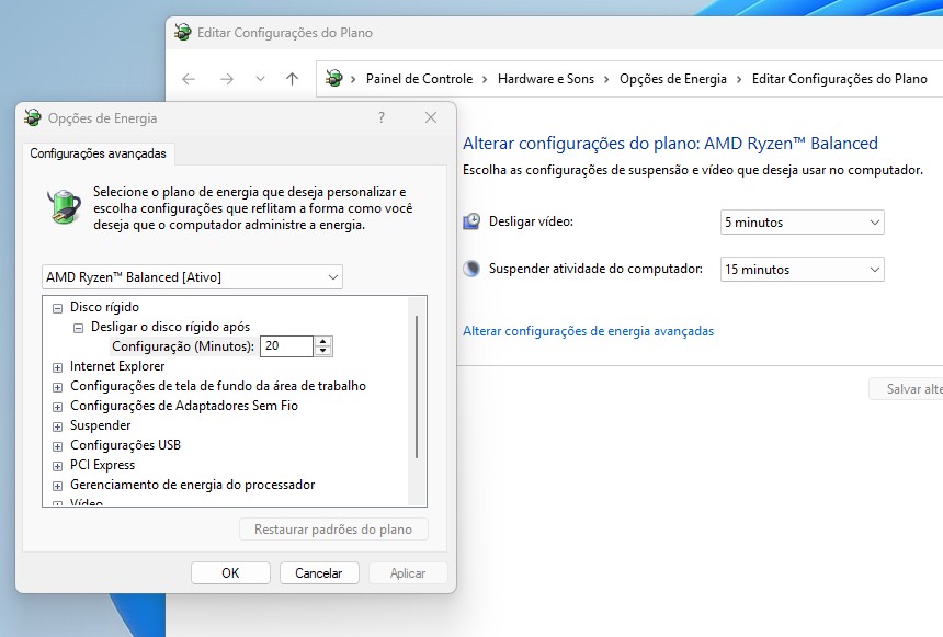 Captura de tela das Opções de Energia do Windows exibindo o plano AMD Ryzen Balanced ativo e configurações de suspensão.