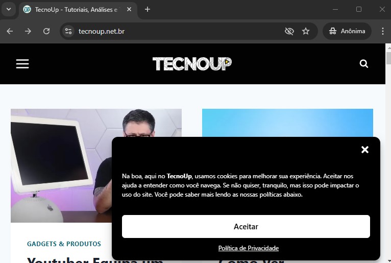 Aqui no TecnoUp nos temos o banner de consentimento de cookies que aparece no primeiro acesso e só desaparece caso o leitor aceite
