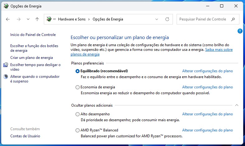 Captura de tela das configurações de energia do Windows mostrando os planos de energia disponíveis.