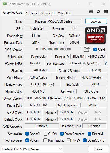 GPU-Z mostrando detalhes de uma Radeon RX550 - Print PC TecnoUp