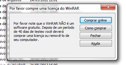 Captura de tela da janela de aviso do WinRAR solicitando a compra de uma licença após o período de teste.