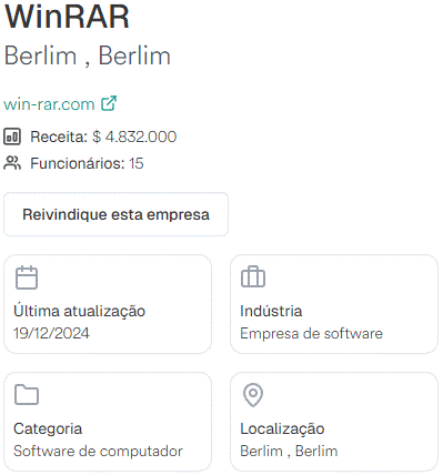 Captura de tela do site Kona Equity exibindo dados financeiros estimados e número de funcionários do WinRAR em Berlim.