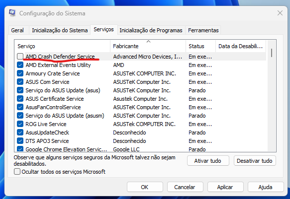 Print da Configuração do Sistema do Windows, mostrando os Serviços com o AMD Crash Defender Service desativado.