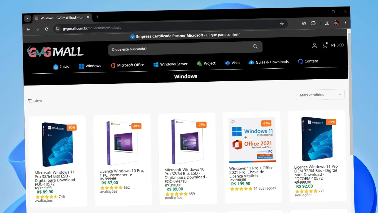 Captura de tela do site da GVGMall mostrando diversas opções de licenças para Windows 10, Windows 11 e Office com preços promocionais.