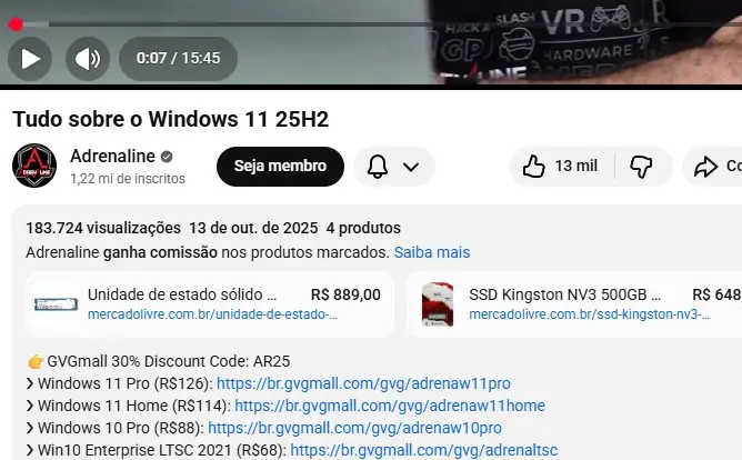 Captura de tela do canal Adrenaline no YouTube mostrando links de afiliado para licenças de Windows na GVGMall na descrição do vídeo.