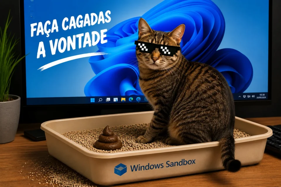 Gato usando óculos escuros sentado em uma caixa de areia com o logotipo Windows Sandbox, em frente a um monitor de computador.