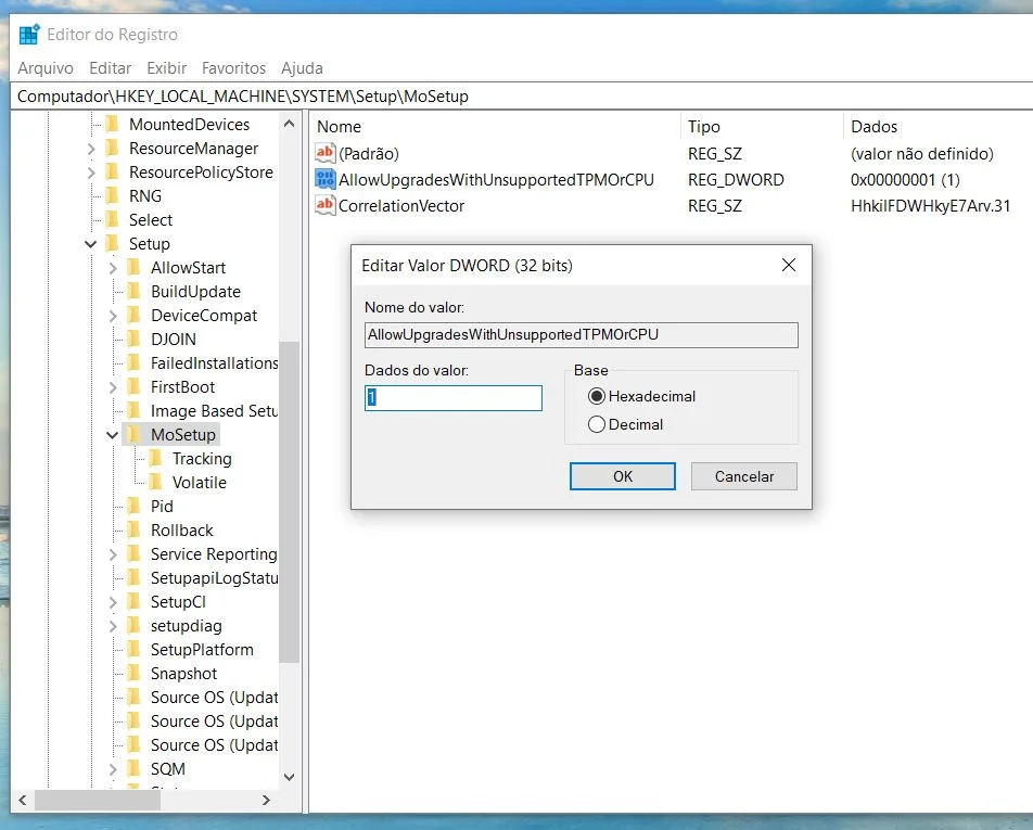 Captura de tela do Editor do Registro do Windows mostrando o caminho HKEY_LOCAL_MACHINE\SYSTEM\Setup\MoSetup e o valor AllowUpgradesWithUnsupportedTPMOrCPU definido como 1.