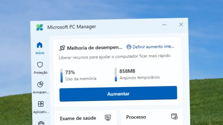 Captura de tela da nova interface do Microsoft PC Manager em português Br, rodando sobre a área de trabalho do Windows 11 com o fundo de papel de parede de dunas verdes.