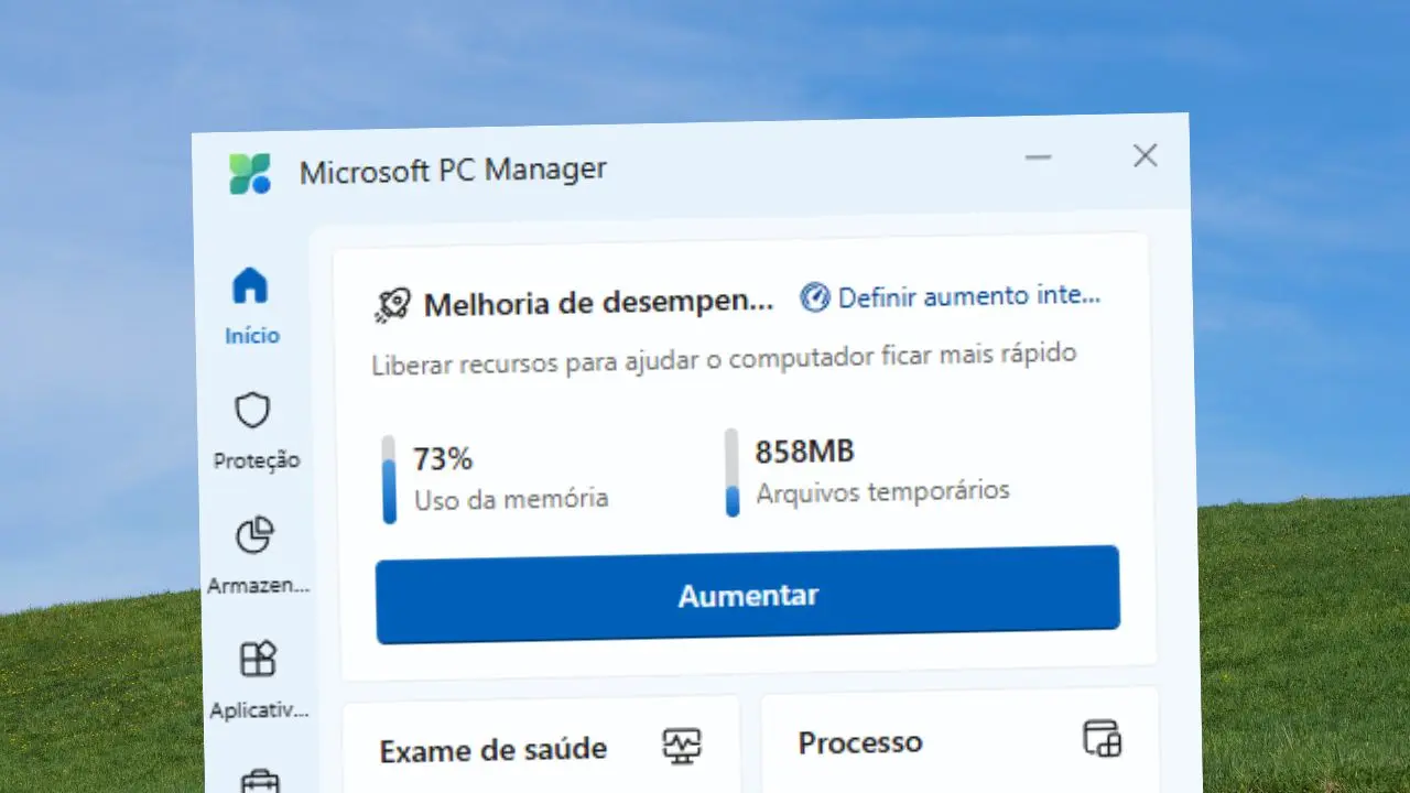 Captura de tela da nova interface do Microsoft PC Manager em português Br, rodando sobre a área de trabalho do Windows 11 com o fundo de papel de parede de dunas verdes.