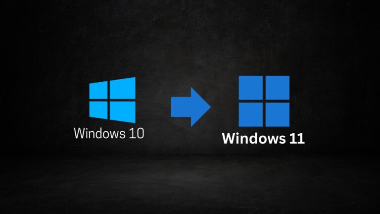 Infográfico com fundo escuro mostrando a logo do Windows 10 e uma seta azul apontando para a logo do Windows 11, ilustrando o processo de atualização.