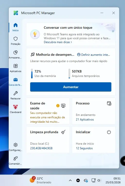 Captura de tela da nova interface do Microsoft PC Manager em português, destacando os módulos de Melhoria de Desempenho, Exame de Saúde e Limpeza Profunda.