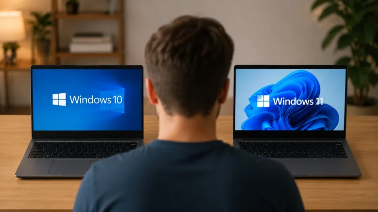 Homem de costas observando dois notebooks lado a lado em uma mesa, um com a tela do Windows 10 e o outro com o Windows 11