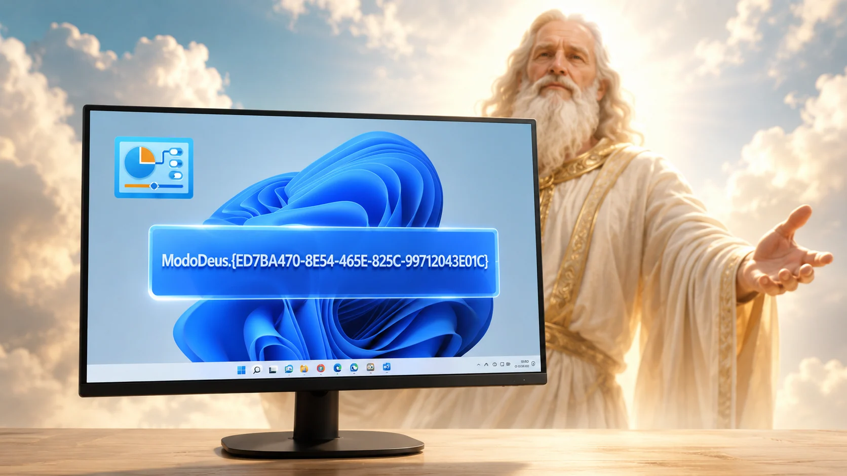 Ilustração conceitual mostrando um monitor com o sistema operacional Windows 11 exibindo o atalho do Modo Deus e uma representação estilizada de uma figura divina ao fundo.