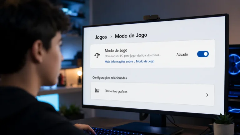 Imagem com fundo escuro e detalhes em azul, exibindo o ícone oficial do Modo Jogo do Windows em destaque ao centro, acompanhado pelo texto em letras garrafais amarelas e brancas "MODO JOGO WINDOWS: ATIVE E MELHORE O DESEMPENHO!".