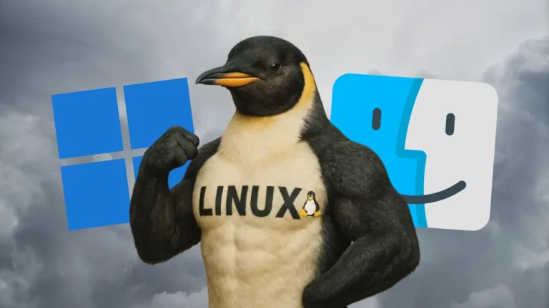Ilustração de um pinguim (Linux) musculoso no centro, ladeado pelos logotipos do Windows e do macOS (Finder).