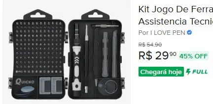 Captura de tela do Mercado Livre mostrando um Kit Jogo de Ferramentas de Precisão Magnético com 115 peças, em oferta por R$ 29,90.