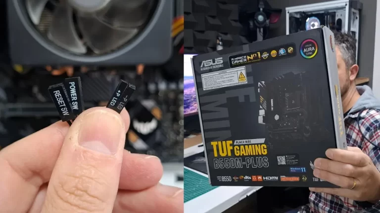 Alexandre segurando a caixa da placa-mãe ASUS TUF Gaming B550M-Plus ao lado de um detalhe em close dos cabos do painel frontal de um PC.